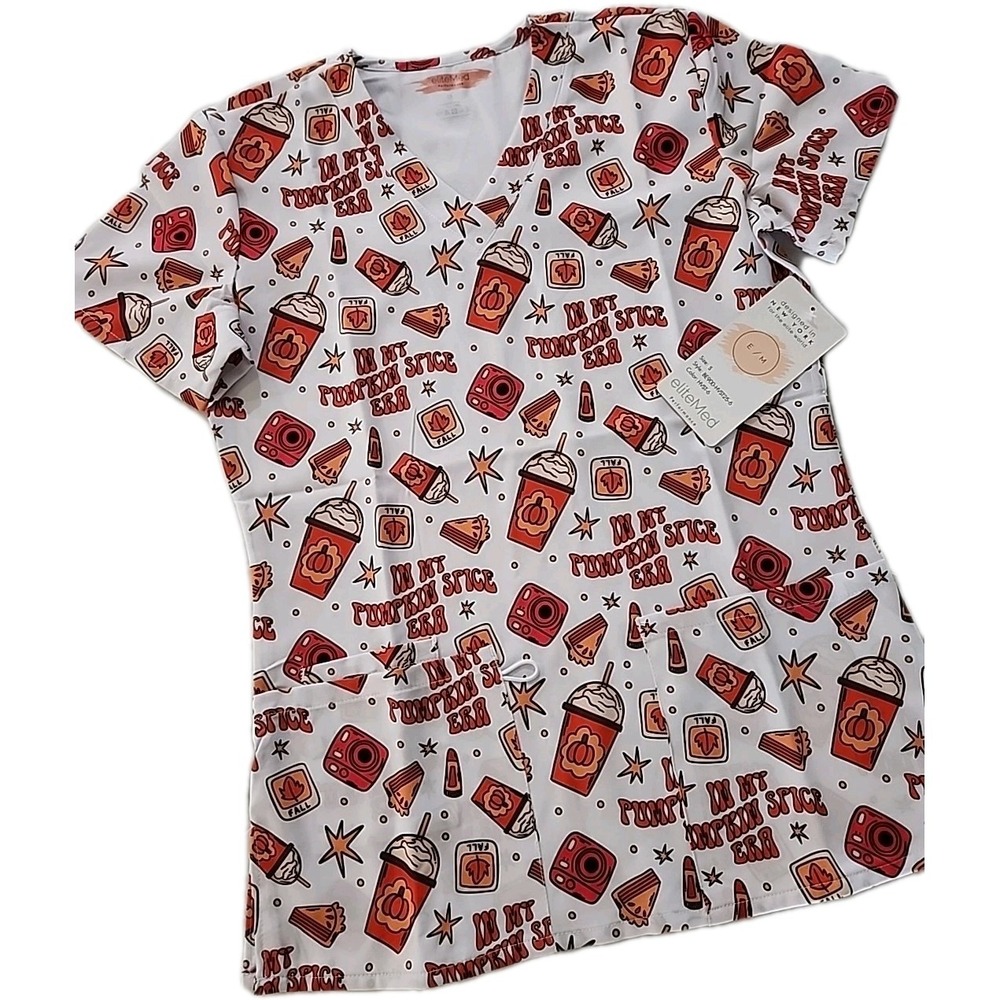 Fall/Thanksgiving /Autumn-themed Poly Performance 3-Pocket Scrub Top NWT SMALL